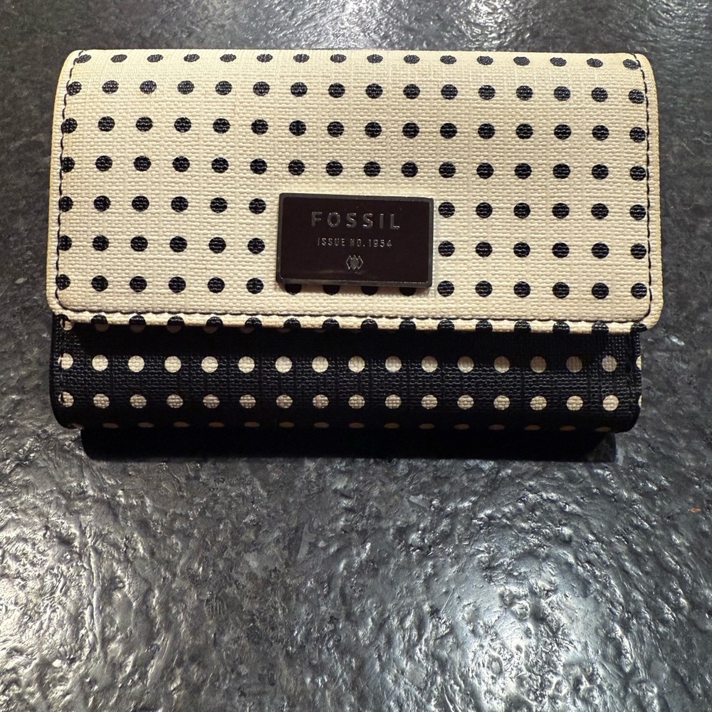 Fossil Black and Cream Polka Dot Trifold Wallet, Card Holder